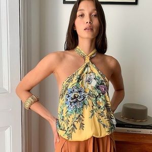 Free People Higher Love Halter Top Yellow Floral Silky Sleeveless Top